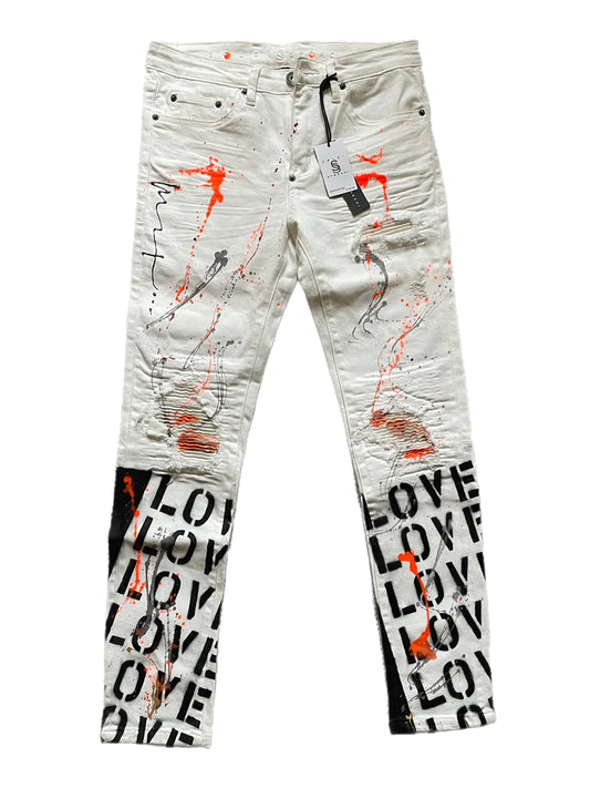 WHITE HAND PAINTED JEAN BY ARTIST UNCUTT